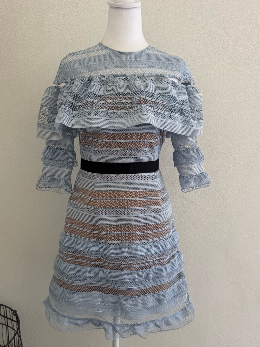 Self-Portrait Light Blue Lace Ruffle Mini Dress with Black Waistband